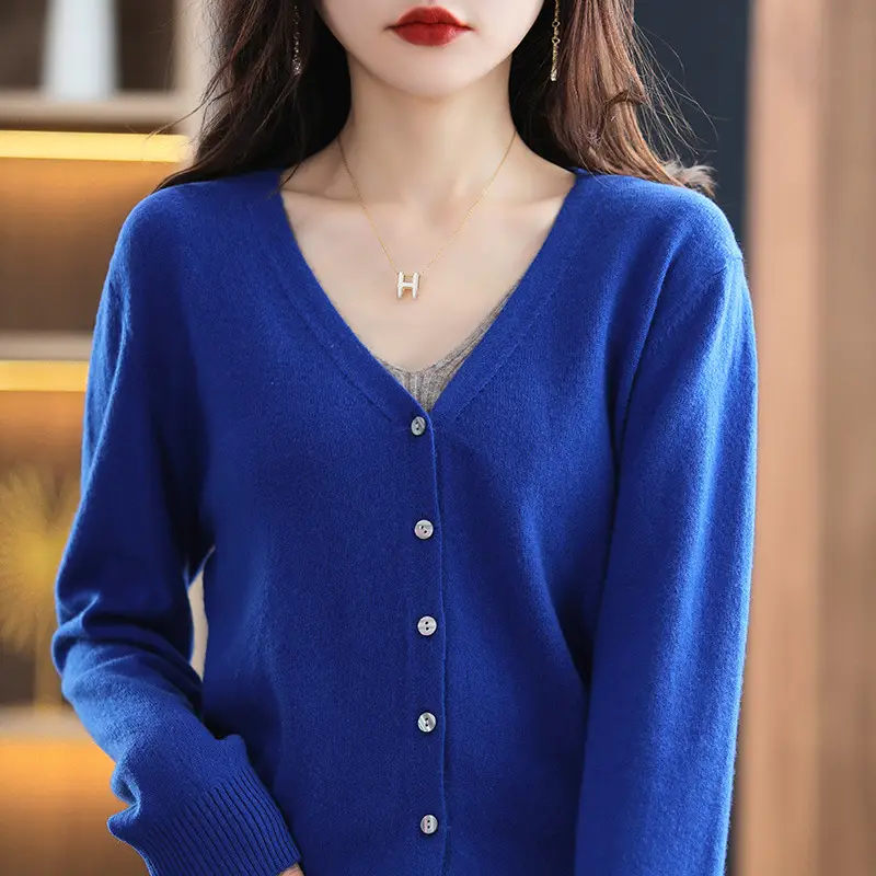 Women's Knitted V-Neck Cardigan Coat White Spring Autumn - Image 6
