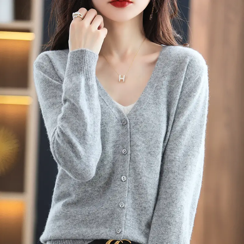 Women's Knitted V-Neck Cardigan Coat White Spring Autumn - Image 7