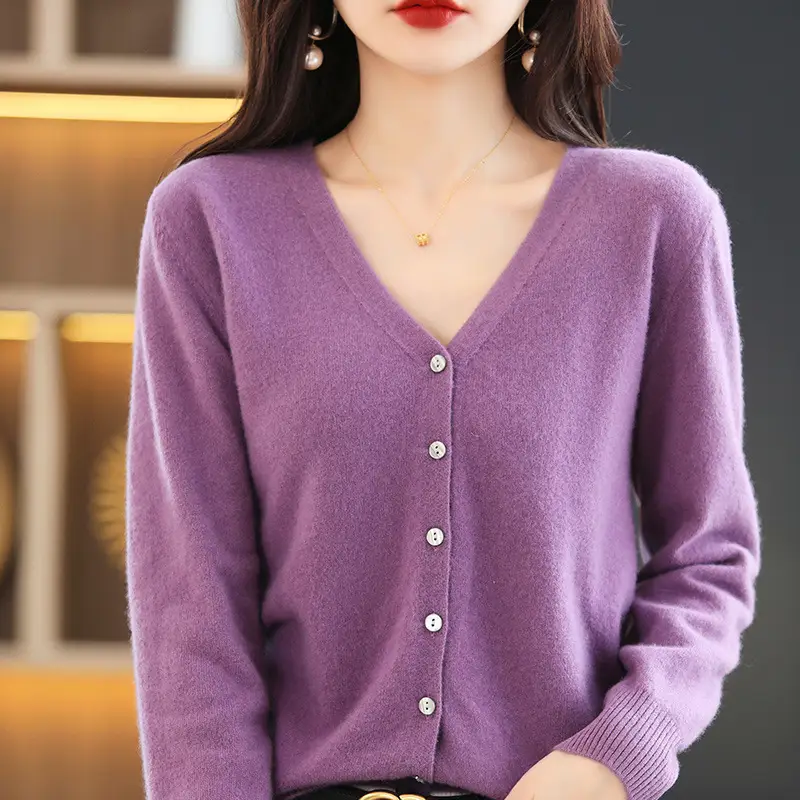 Women's Knitted V-Neck Cardigan Coat White Spring Autumn - Image 8