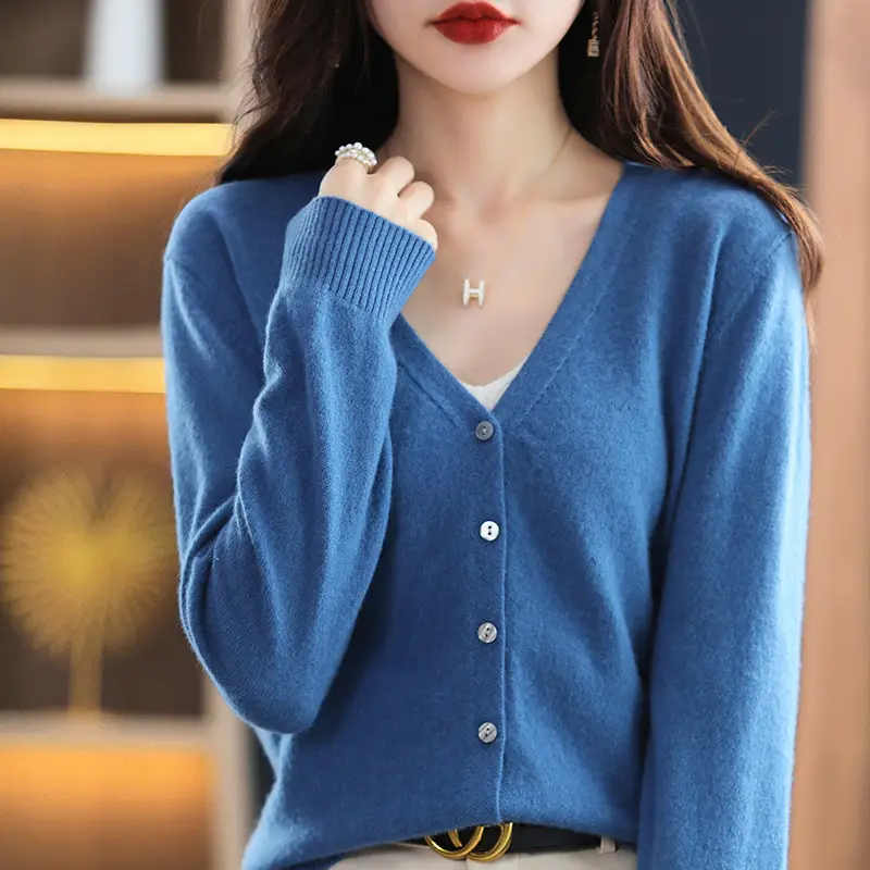 Women's Knitted V-Neck Cardigan Coat White Spring Autumn - Image 9
