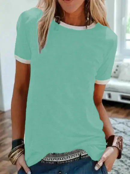 2024 Pink Solid Pullover T-Shirt Straight Round Neck Short Sleeve Urban Casual Base Shirt - Image 11