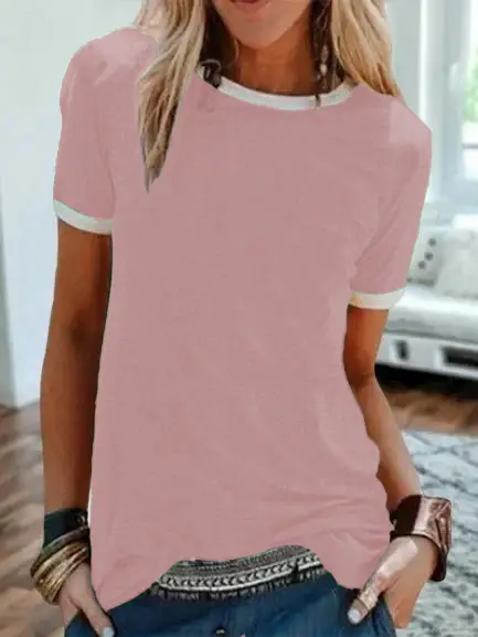2024 Pink Solid Pullover T-Shirt Straight Round Neck Short Sleeve Urban Casual Base Shirt - Image 12