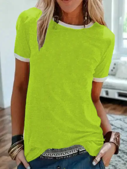 2024 Pink Solid Pullover T-Shirt Straight Round Neck Short Sleeve Urban Casual Base Shirt - Image 13