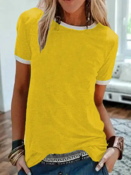 2024 Pink Solid Pullover T-Shirt Straight Round Neck Short Sleeve Urban Casual Base Shirt - Image 14
