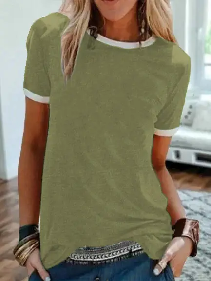 2024 Pink Solid Pullover T-Shirt Straight Round Neck Short Sleeve Urban Casual Base Shirt - Image 8