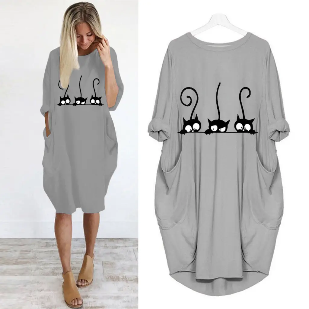 Z Three Cat Printed Casual Dress Navy Blue - Image 2