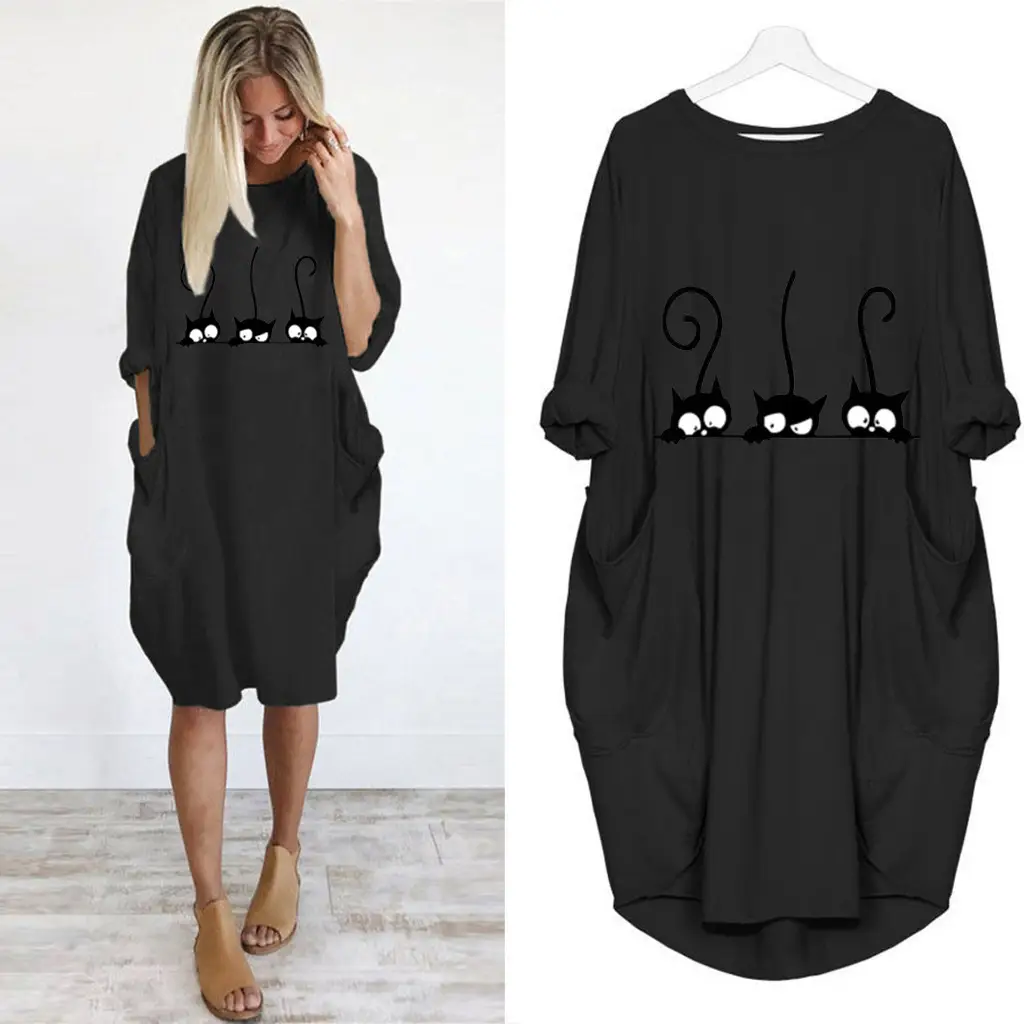 Z Three Cat Printed Casual Dress Navy Blue - Image 4
