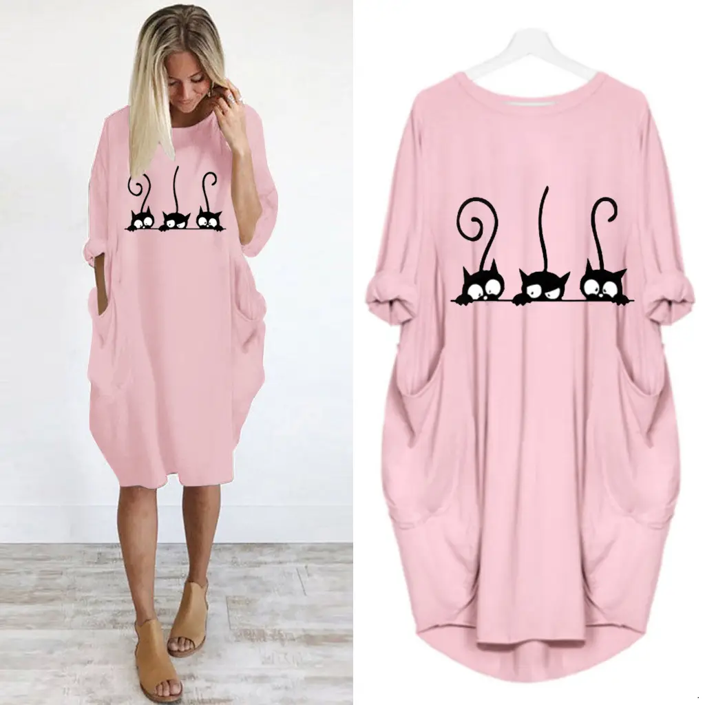 Z Three Cat Printed Casual Dress Navy Blue - Image 5