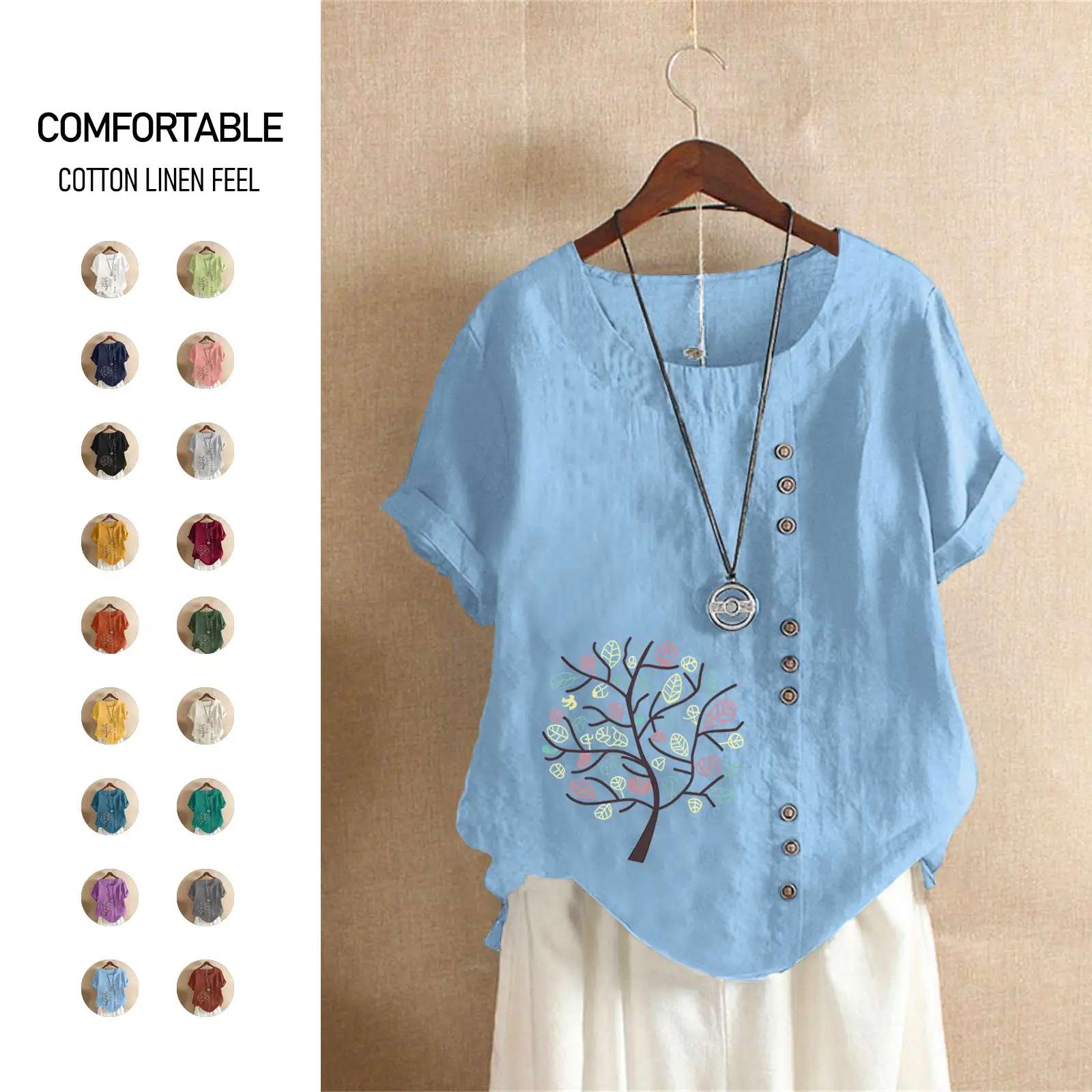 Women Cotton Linen T-Shirt Green Tree Print Button Front - Image 19