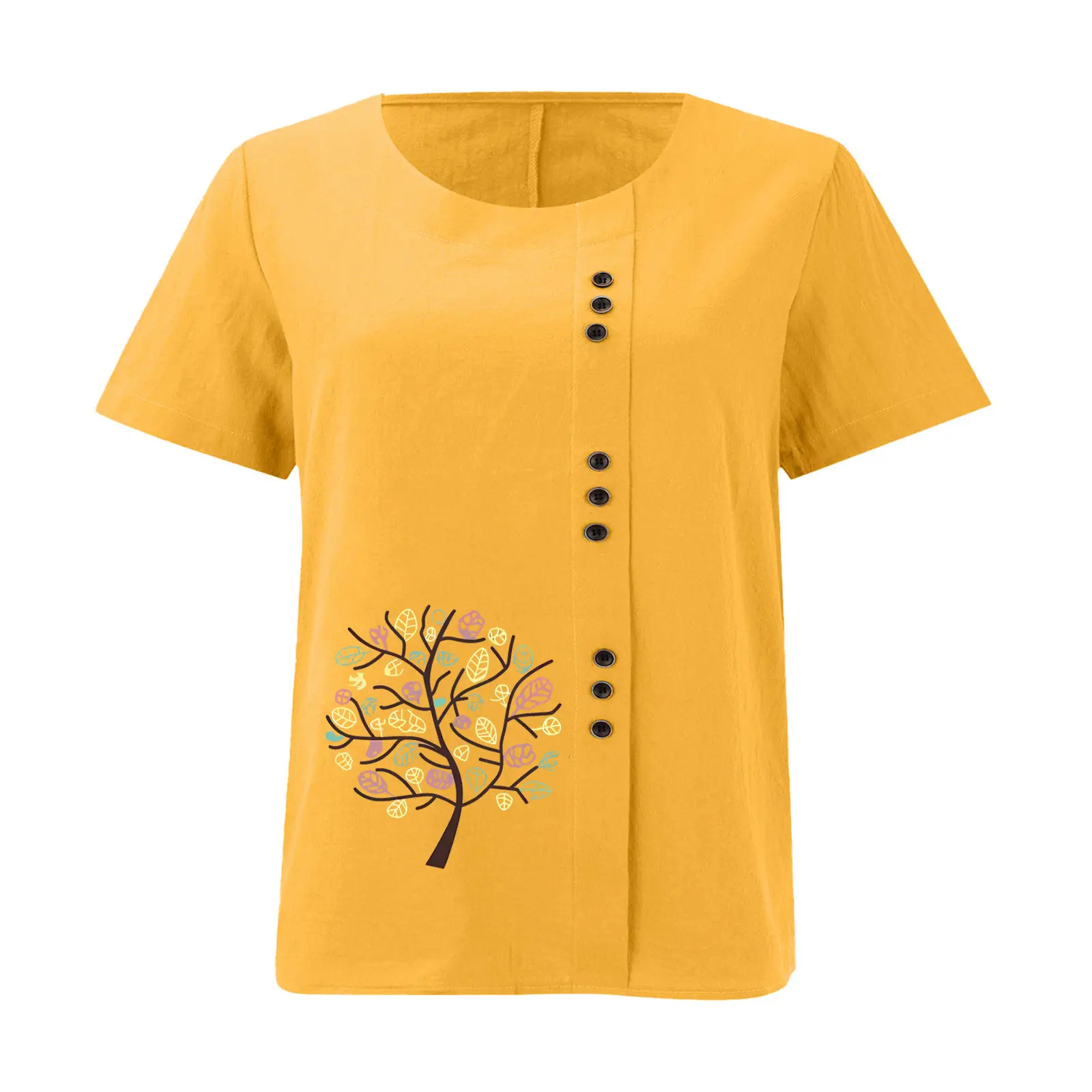 Women Cotton Linen T-Shirt Green Tree Print Button Front - Image 23