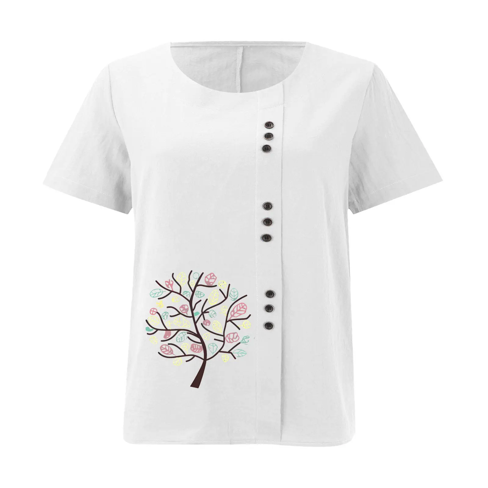 Women Cotton Linen T-Shirt Green Tree Print Button Front — feature 14