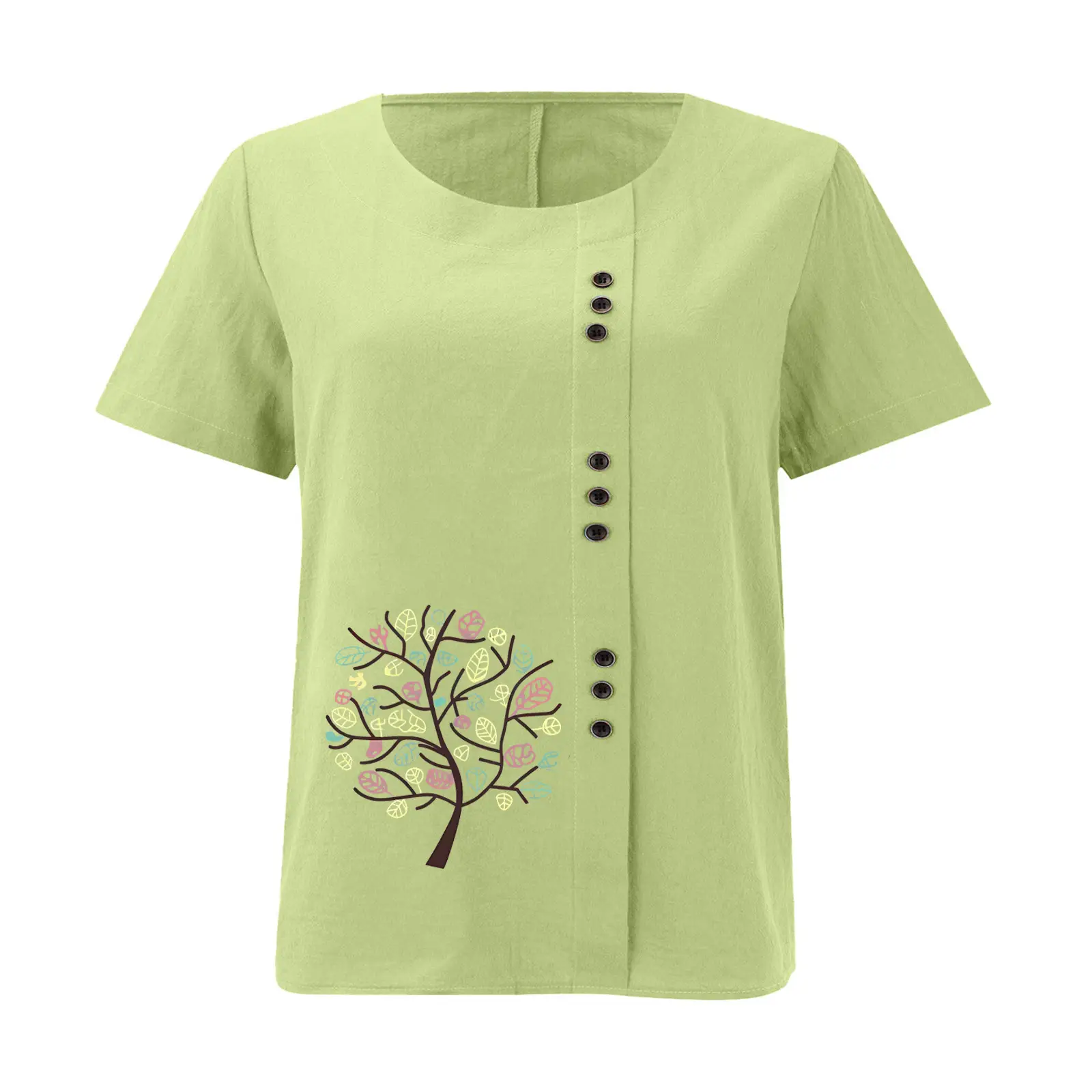 Women Cotton Linen T-Shirt Green Tree Print Button Front — feature 15