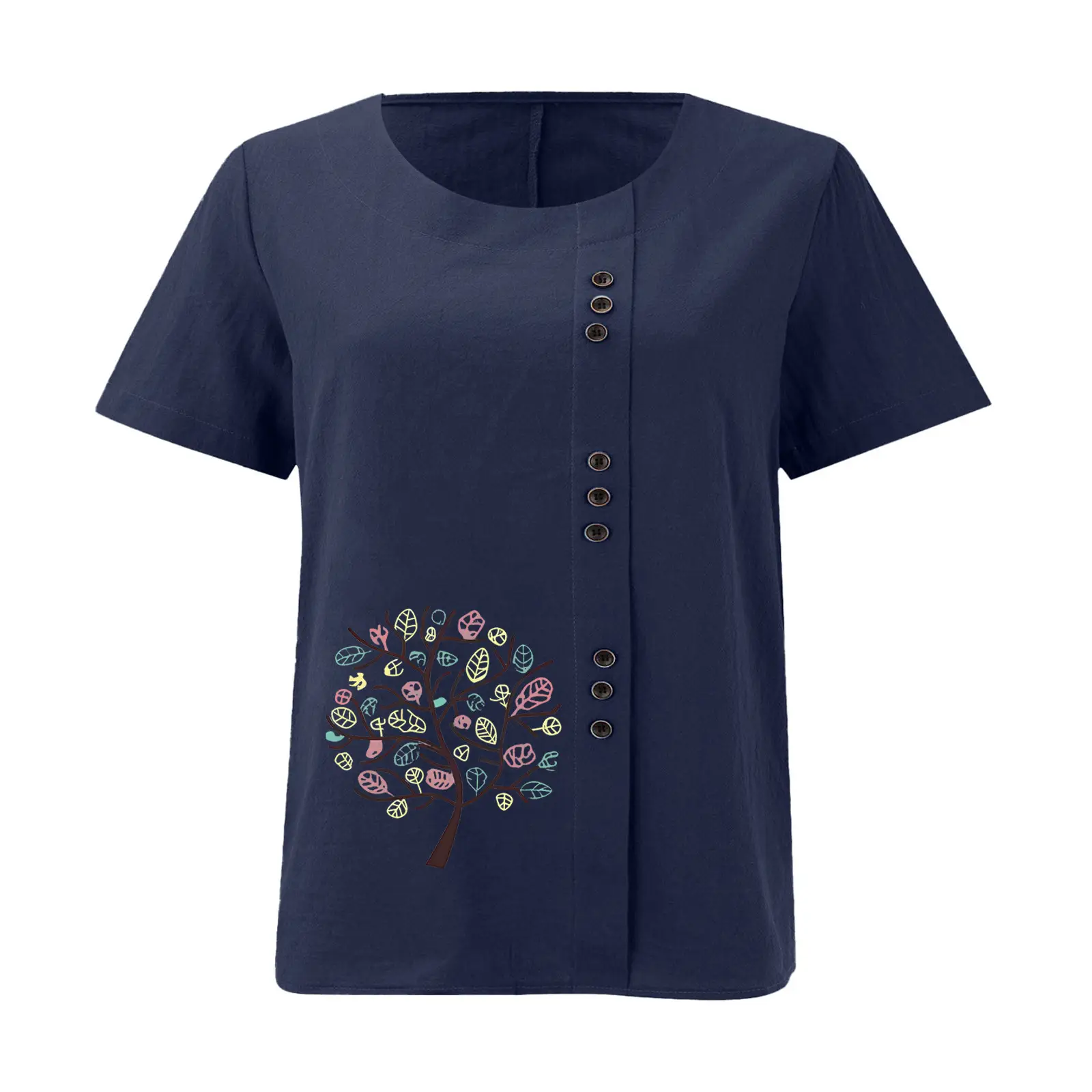 Women Cotton Linen T-Shirt Green Tree Print Button Front — feature 16