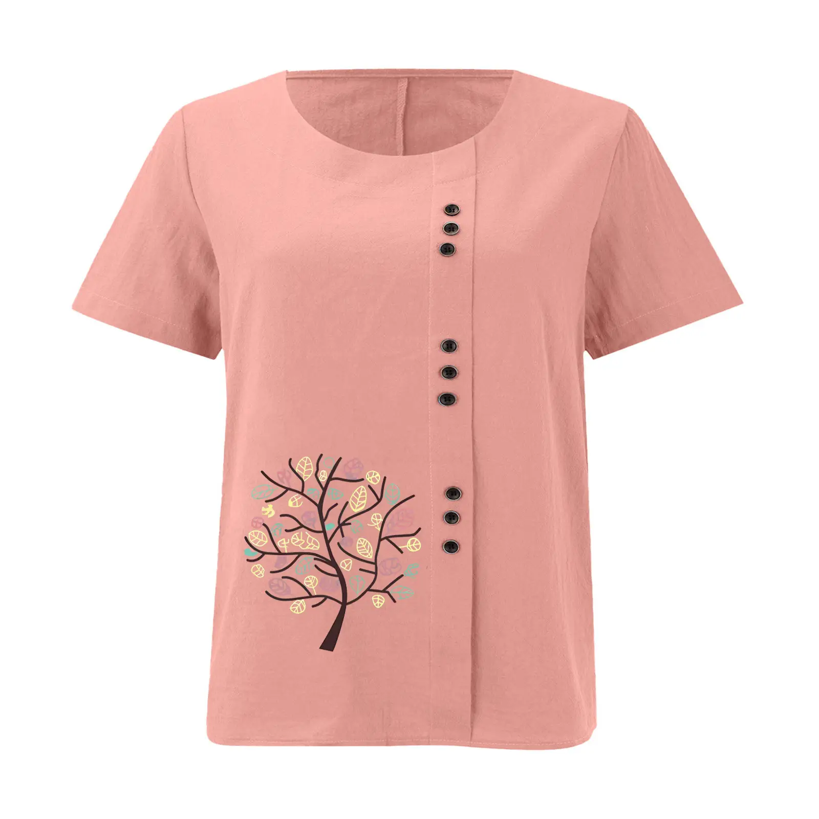 Women Cotton Linen T-Shirt Green Tree Print Button Front — feature 17