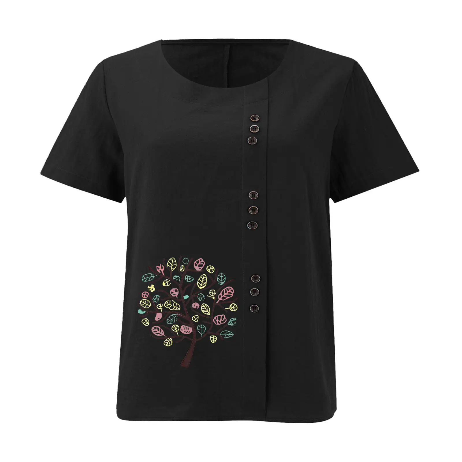 Women Cotton Linen T-Shirt Green Tree Print Button Front — feature 18