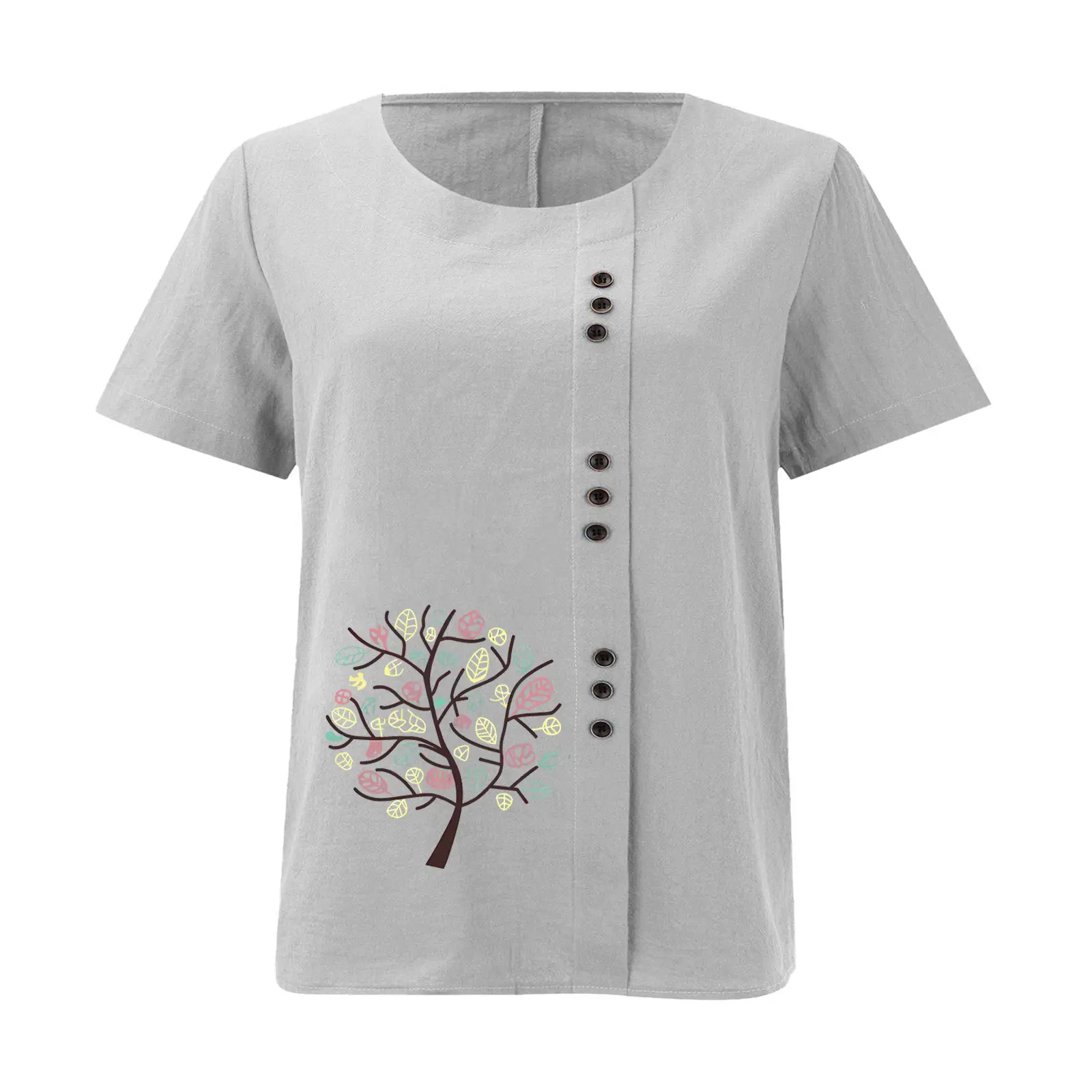 Women Cotton Linen T-Shirt Green Tree Print Button Front — feature 19
