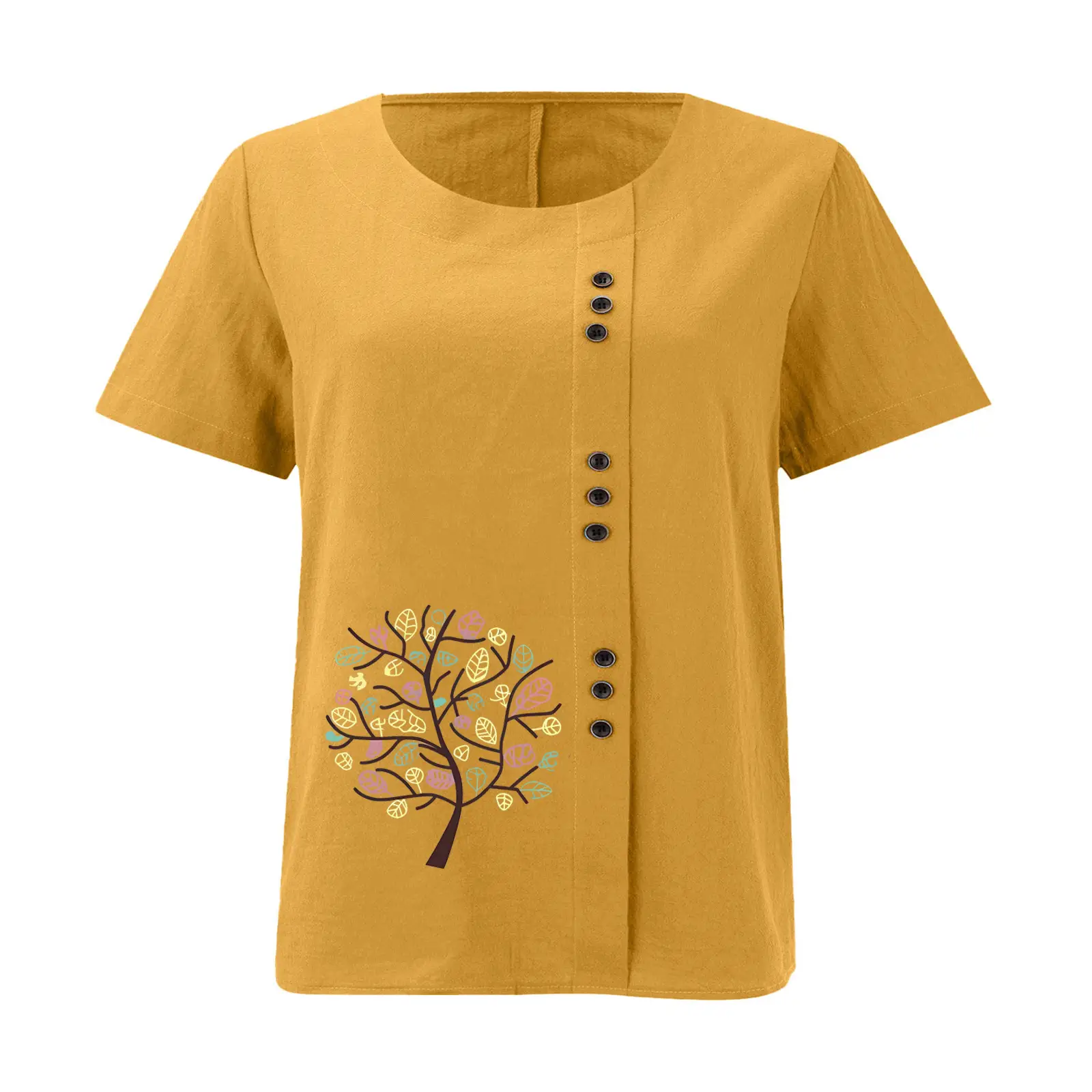 Women Cotton Linen T-Shirt Green Tree Print Button Front — feature 20