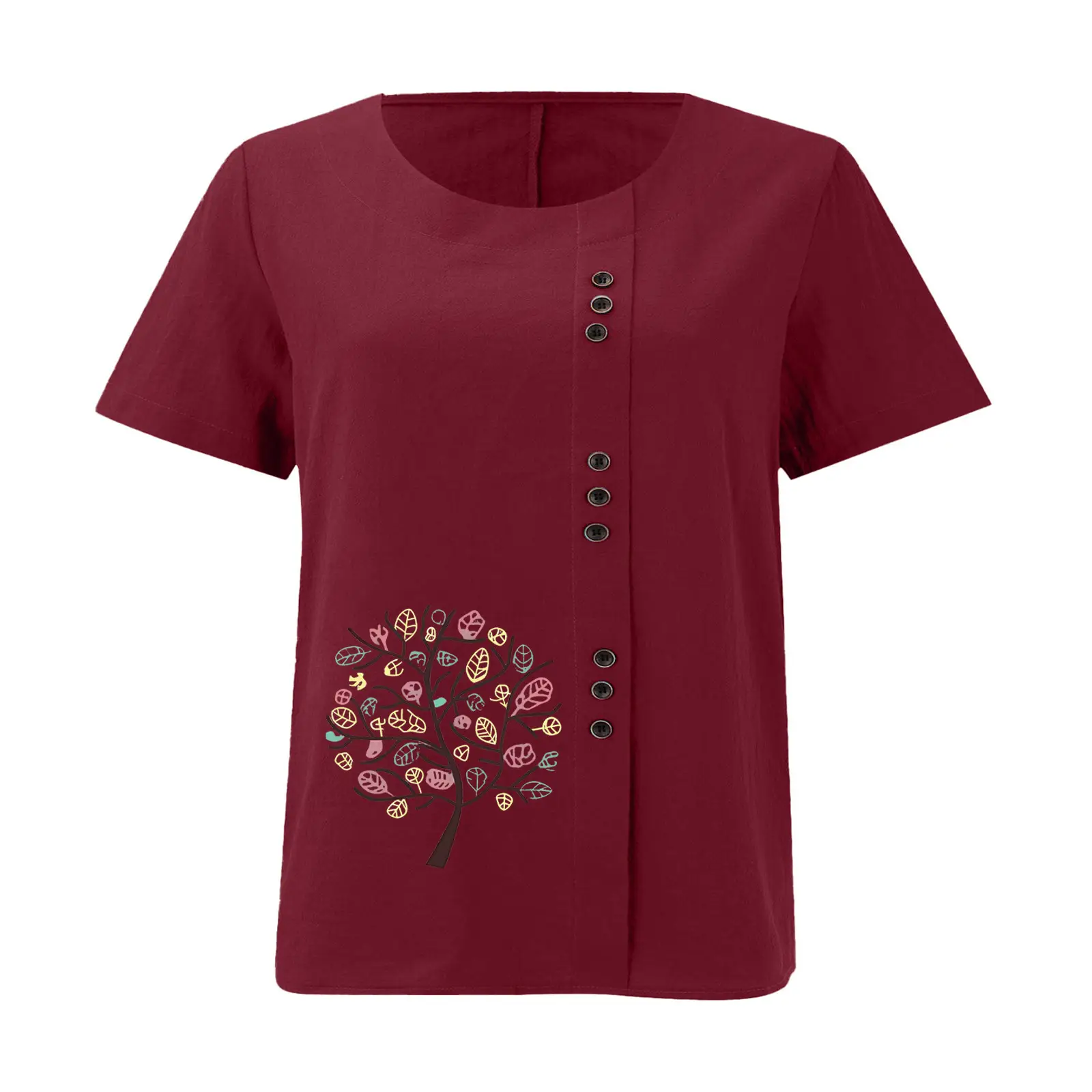 Women Cotton Linen T-Shirt Green Tree Print Button Front — feature 21