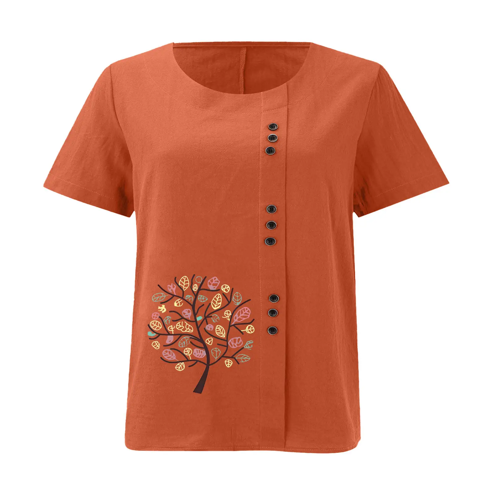 Women Cotton Linen T-Shirt Green Tree Print Button Front — feature 22