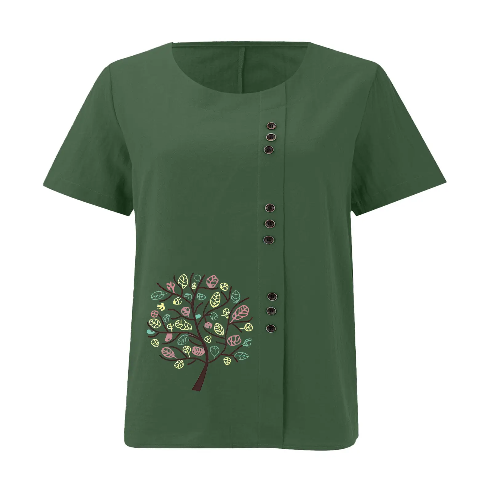 Women Cotton Linen T-Shirt Green Tree Print Button Front — feature 23