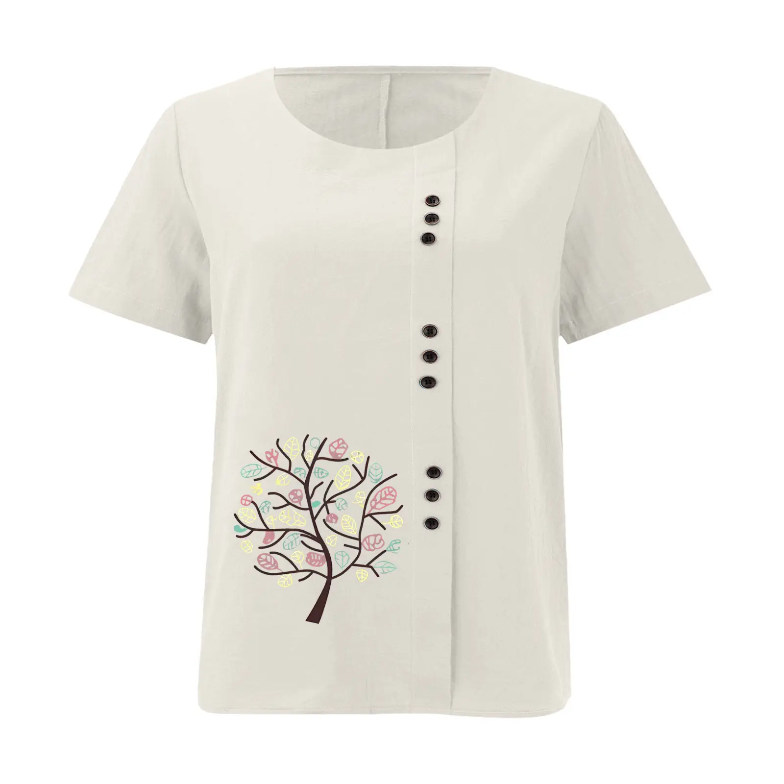 Women Cotton Linen T-Shirt Green Tree Print Button Front — feature 25