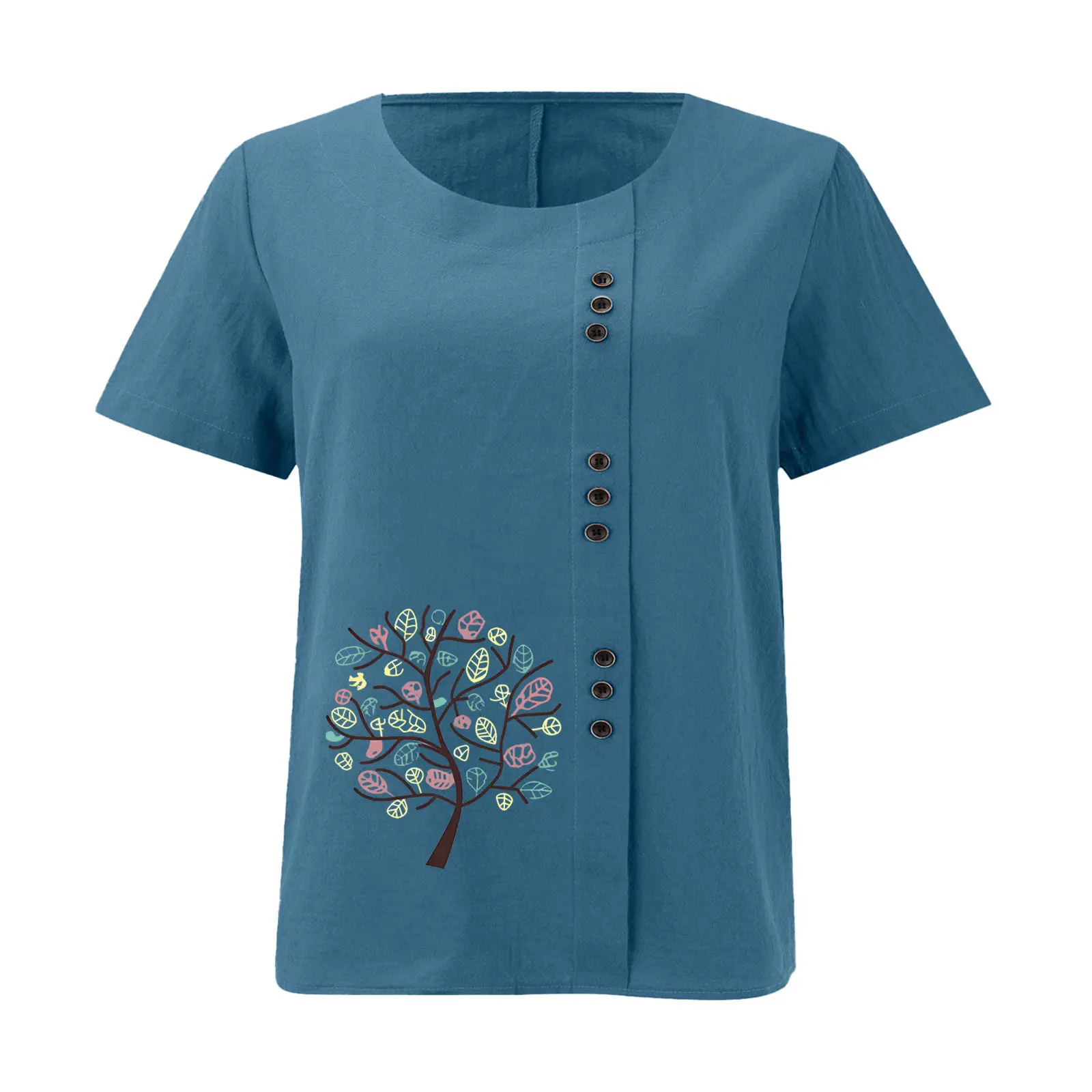 Women Cotton Linen T-Shirt Green Tree Print Button Front — feature 26
