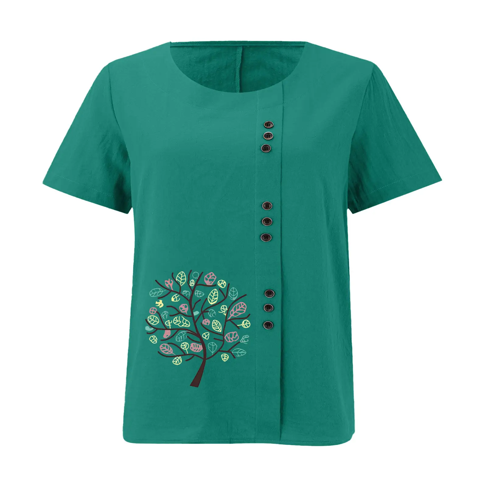 Women Cotton Linen T-Shirt Green Tree Print Button Front — feature 27