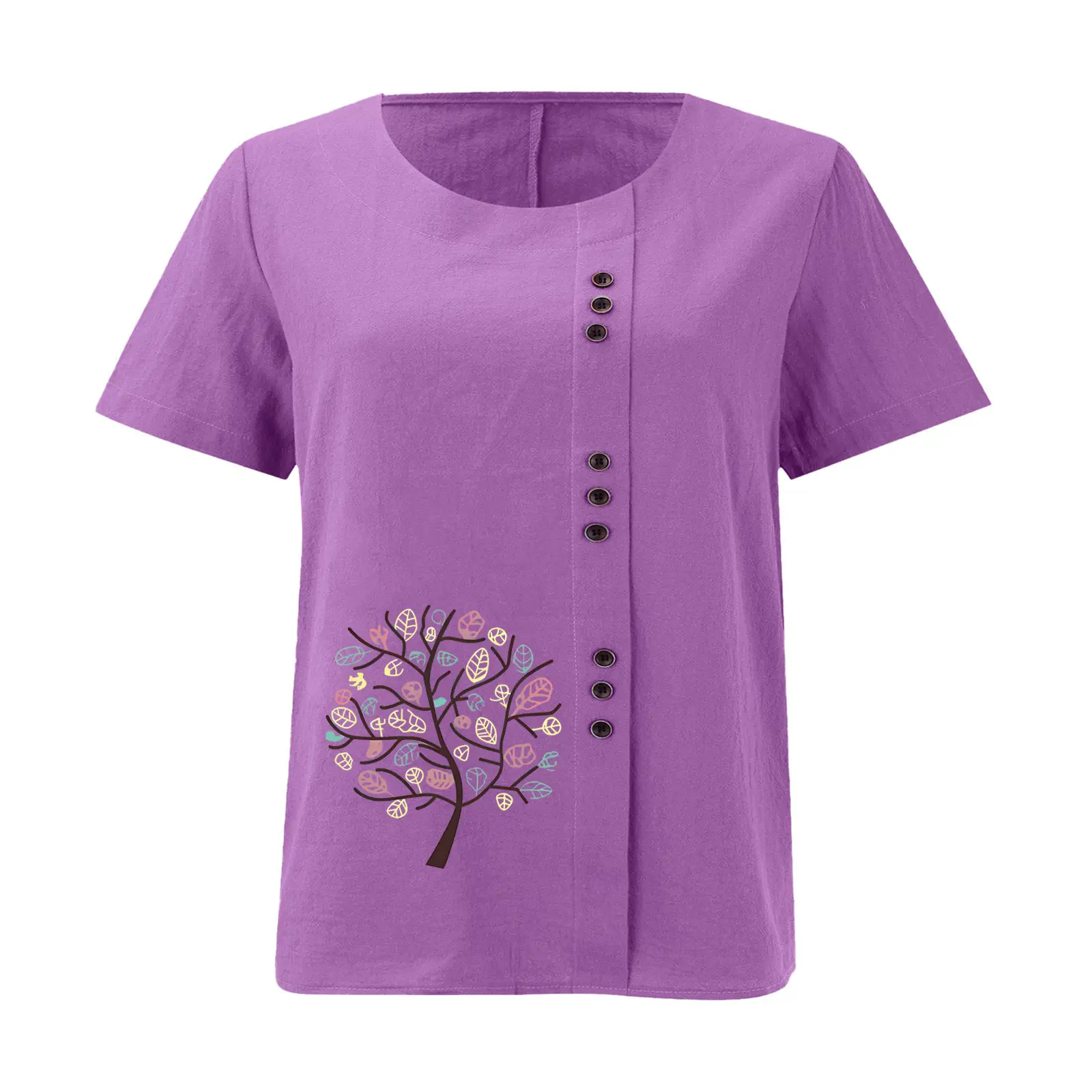 Women Cotton Linen T-Shirt Green Tree Print Button Front — feature 28