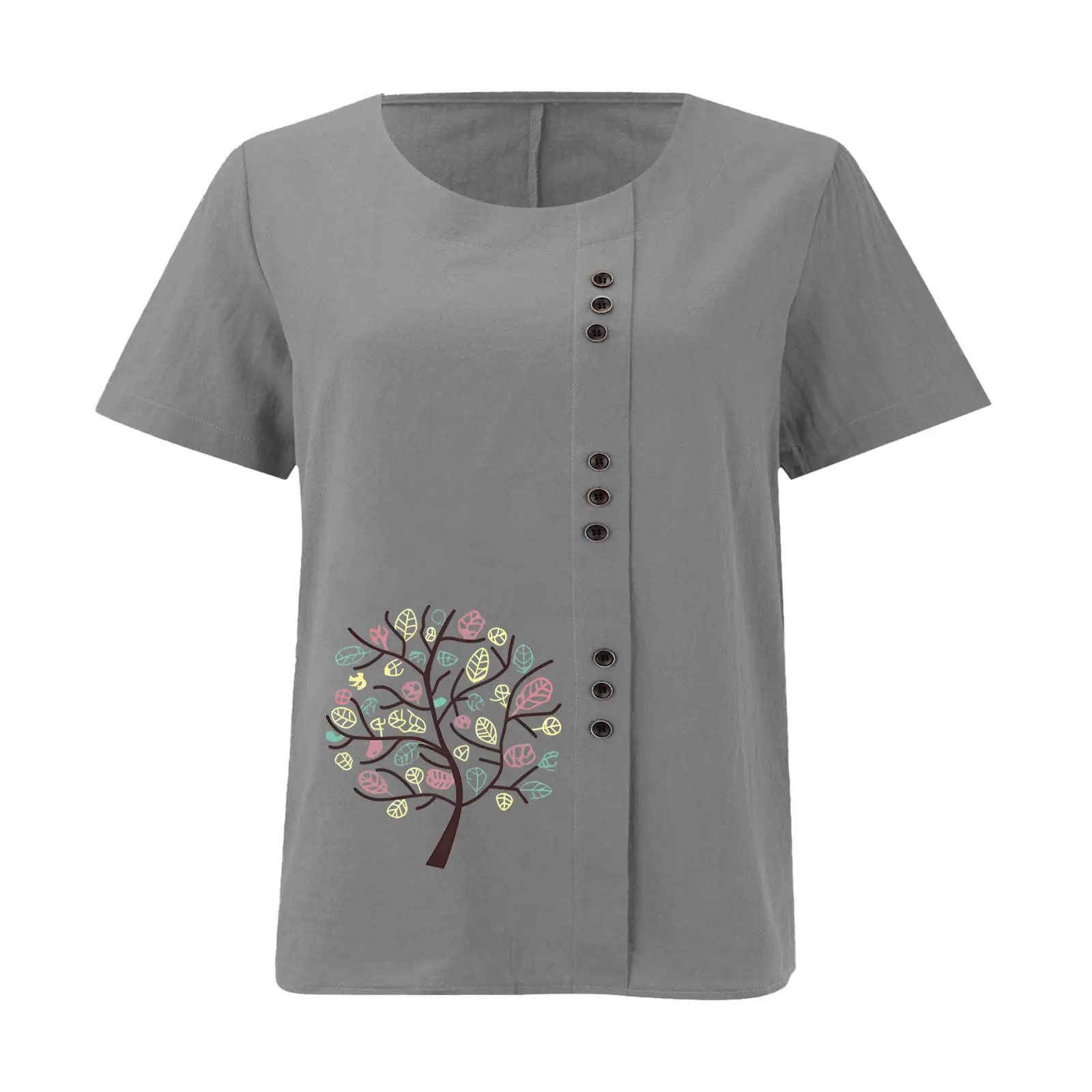 Women Cotton Linen T-Shirt Green Tree Print Button Front — feature 29