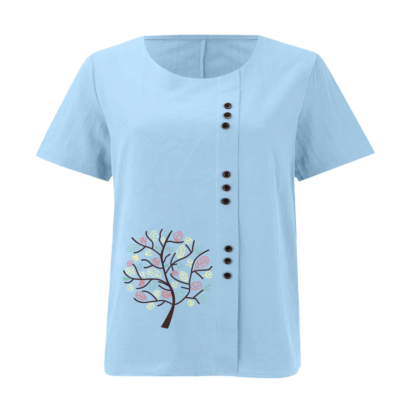 Women Cotton Linen T-Shirt Green Tree Print Button Front — feature 30