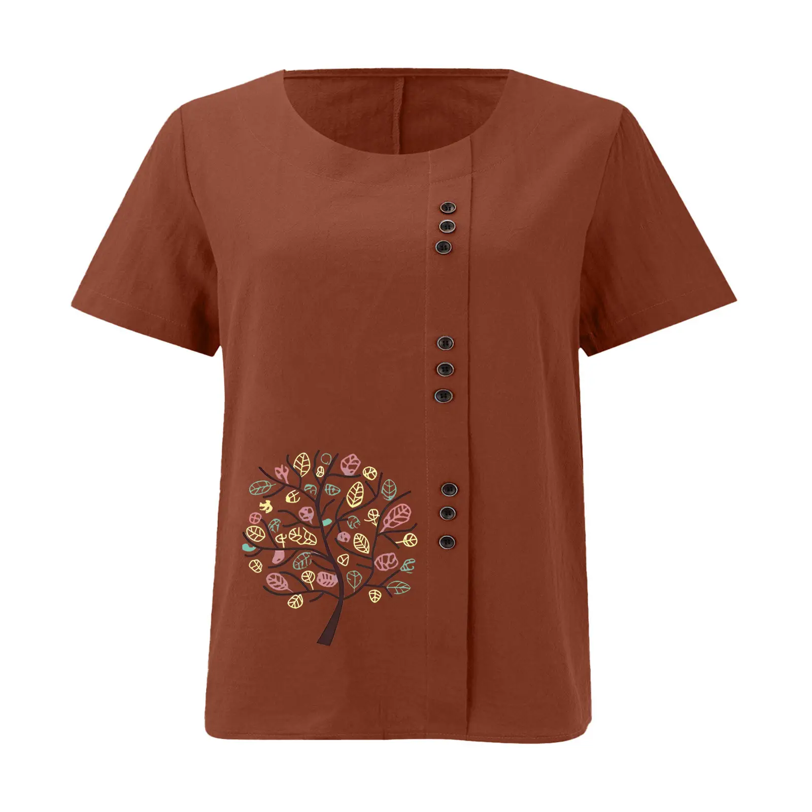 Women Cotton Linen T-Shirt Green Tree Print Button Front — feature 31