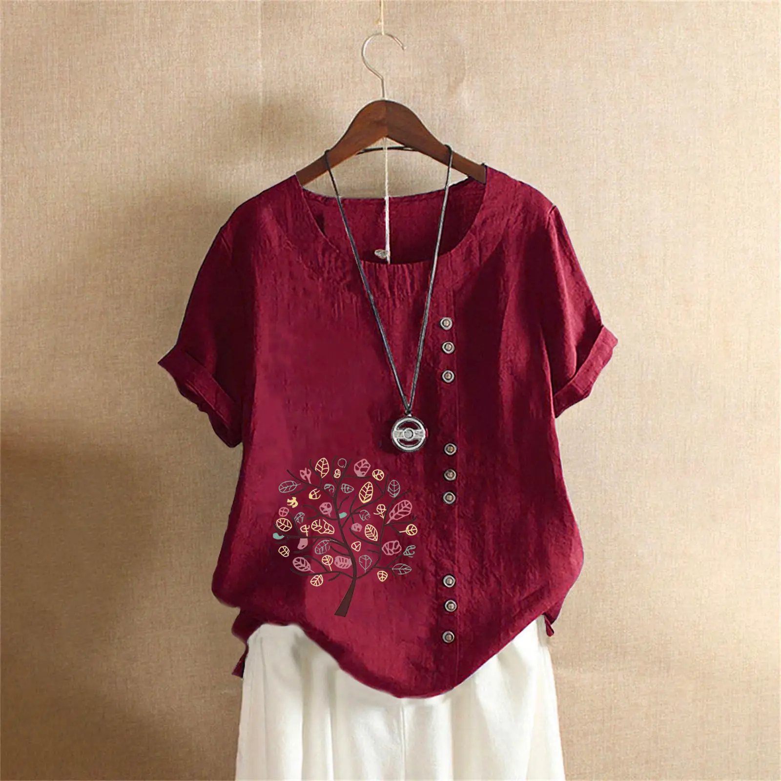Women Cotton Linen T-Shirt Green Tree Print Button Front - Image 10