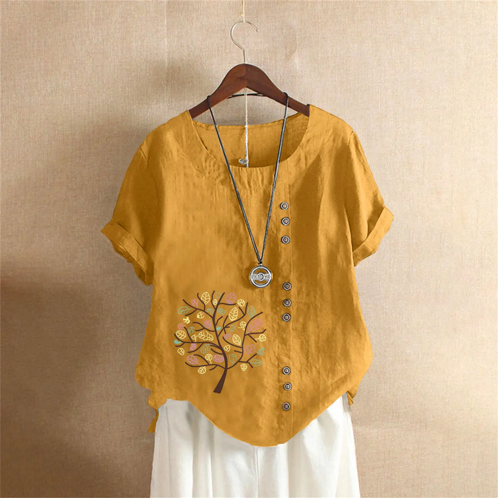 Women Cotton Linen T-Shirt Green Tree Print Button Front - Image 11