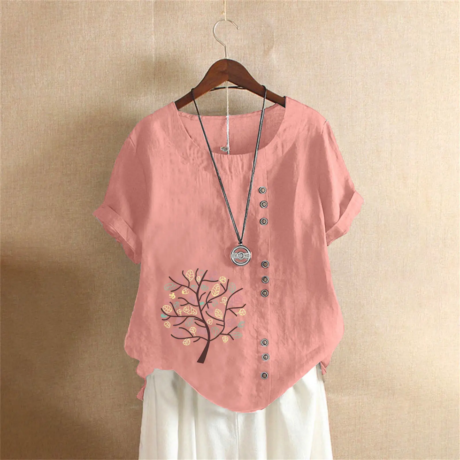 Women Cotton Linen T-Shirt Green Tree Print Button Front - Image 12