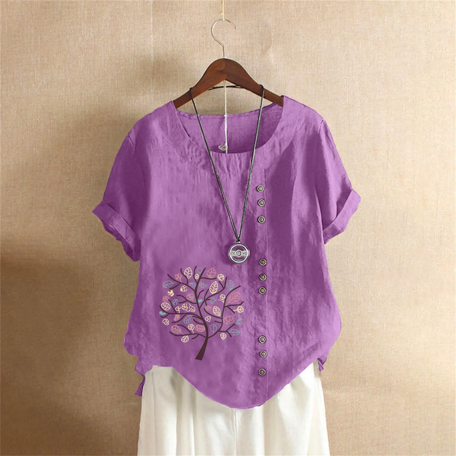 Women Cotton Linen T-Shirt Green Tree Print Button Front - Image 13