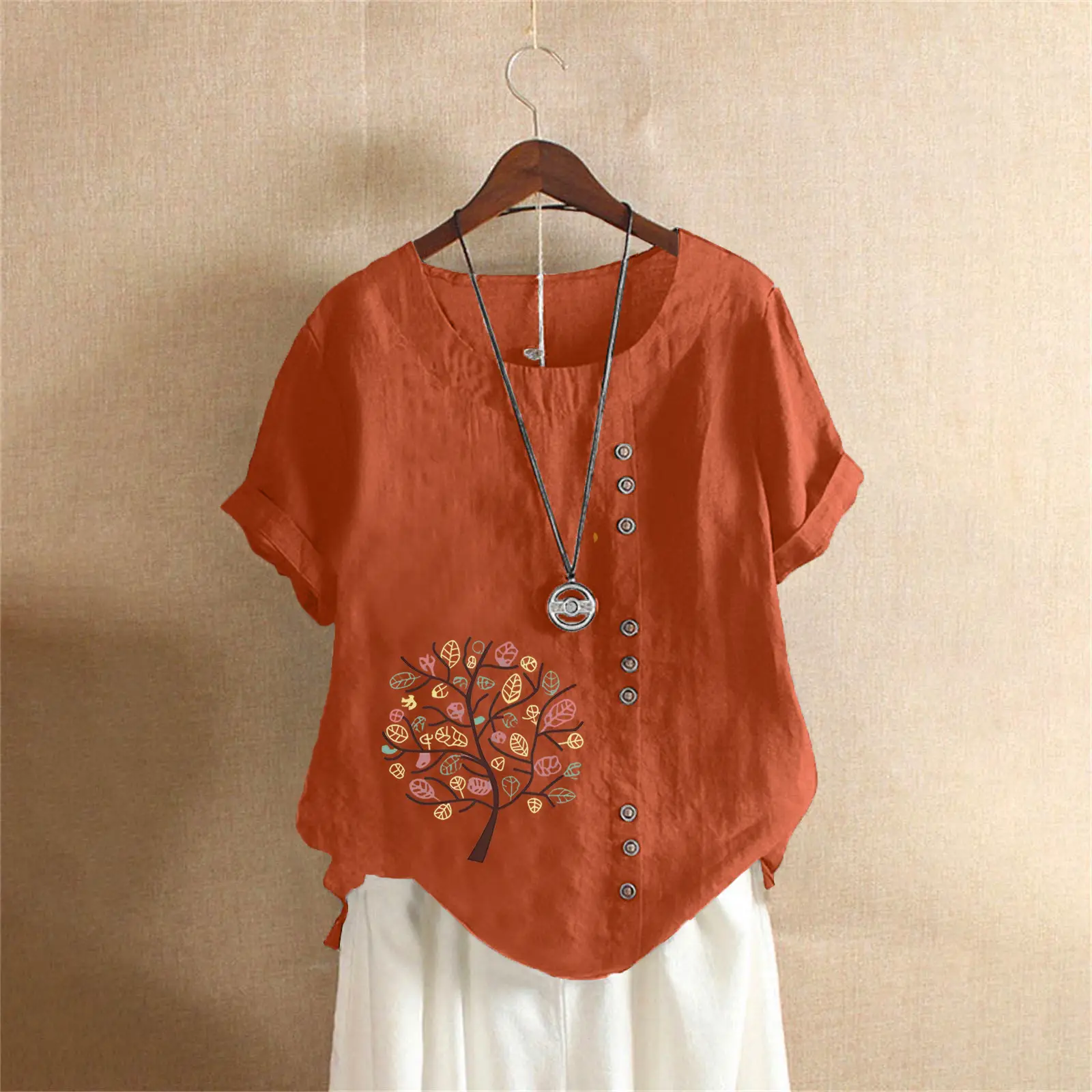 Women Cotton Linen T-Shirt Green Tree Print Button Front - Image 14