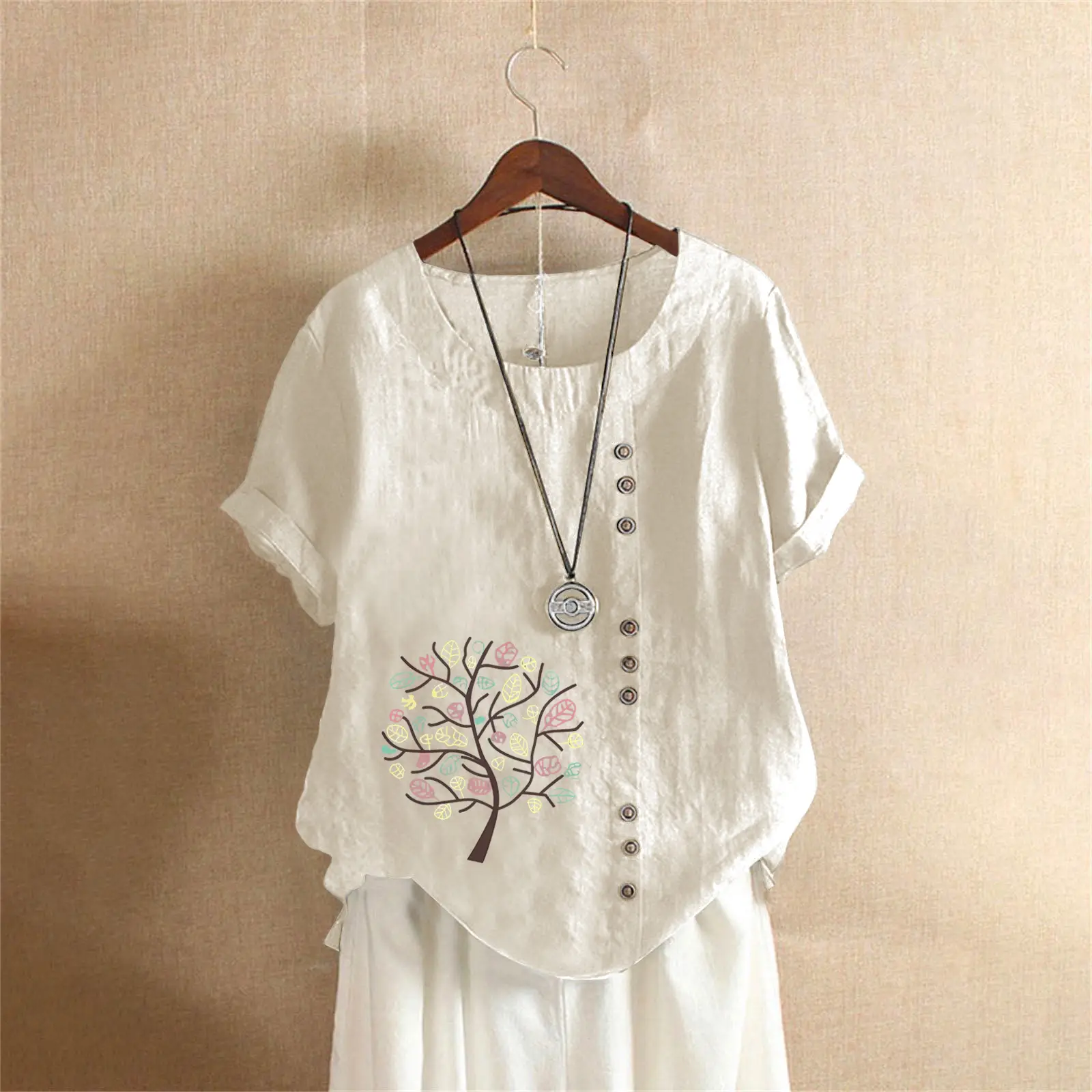 Women Cotton Linen T-Shirt Green Tree Print Button Front - Image 15