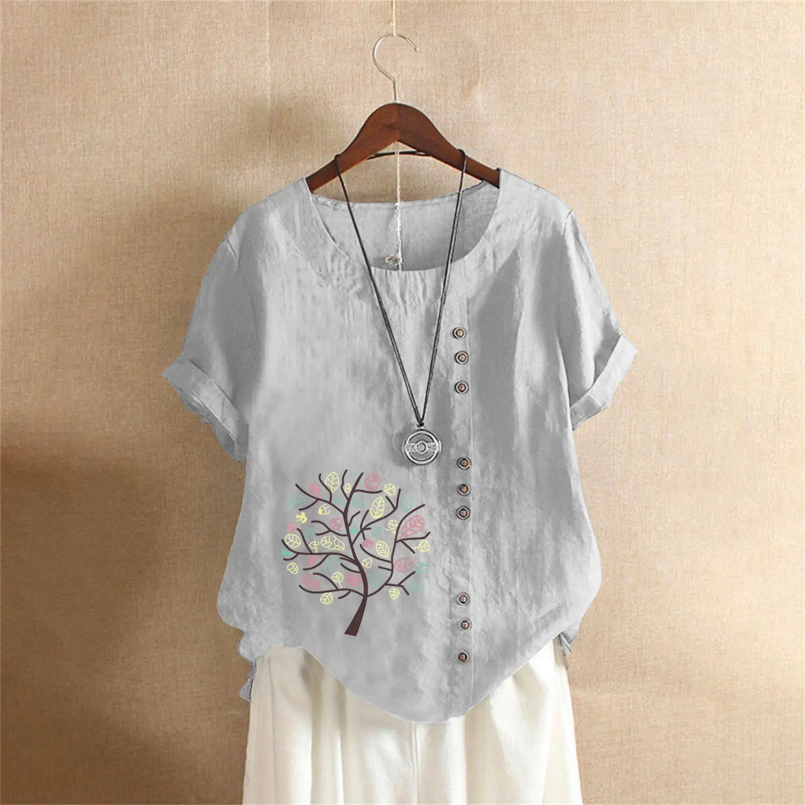 Women Cotton Linen T-Shirt Green Tree Print Button Front - Image 16