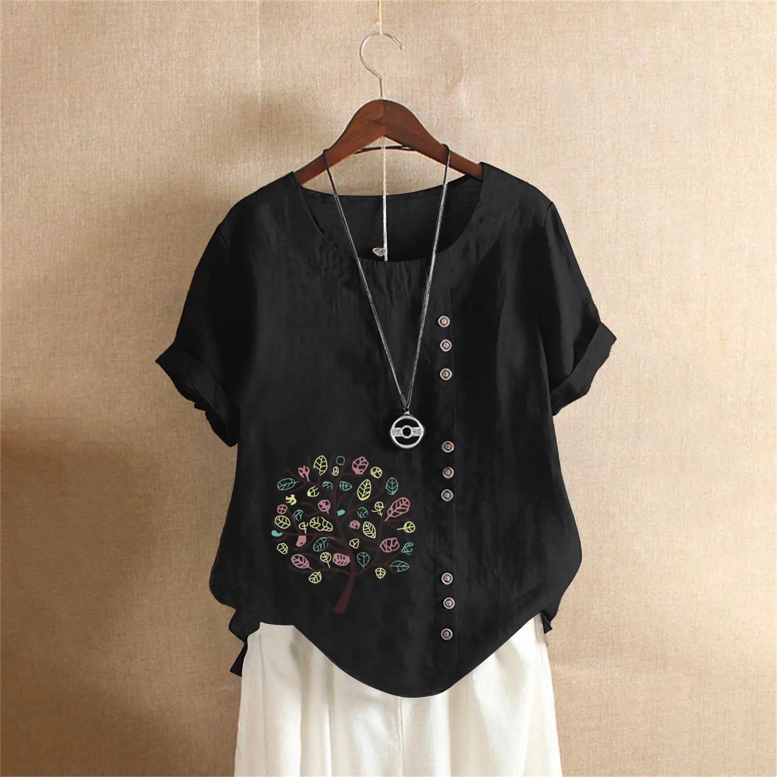 Women Cotton Linen T-Shirt Green Tree Print Button Front - Image 17