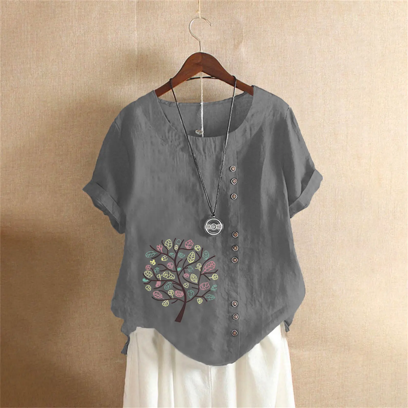 Women Cotton Linen T-Shirt Green Tree Print Button Front - Image 18