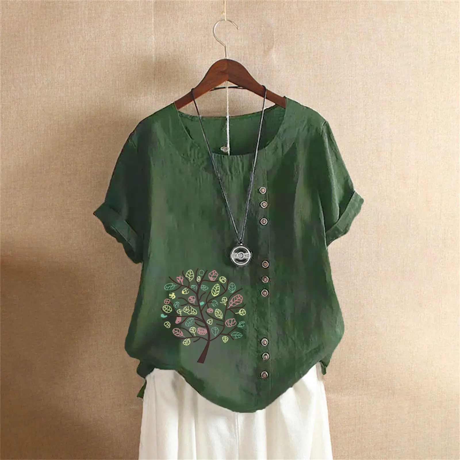 Women Cotton Linen T-Shirt Green Tree Print Button Front - Image 2
