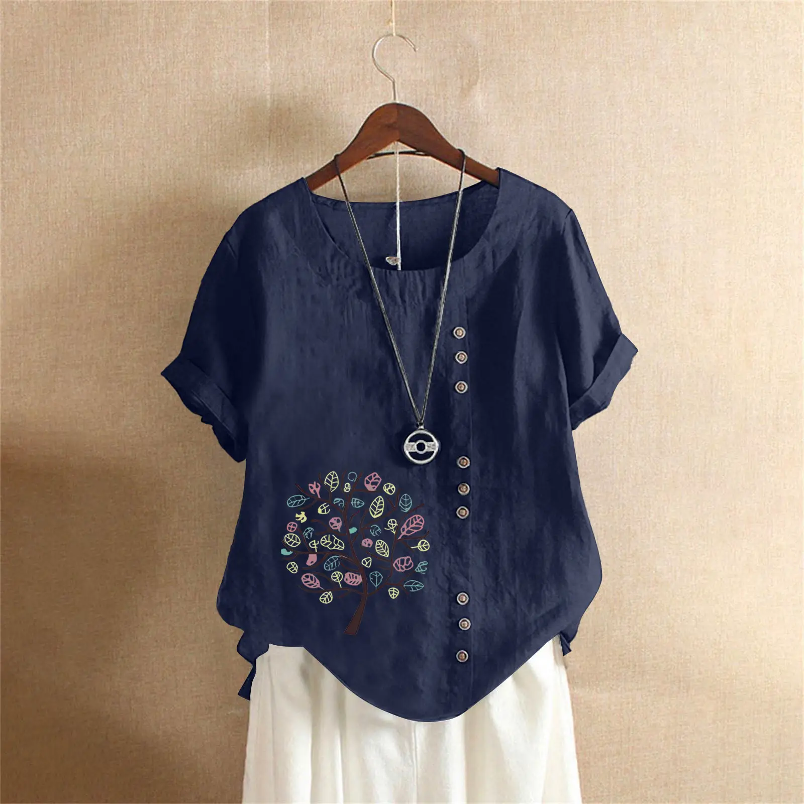 Women Cotton Linen T-Shirt Green Tree Print Button Front - Image 3