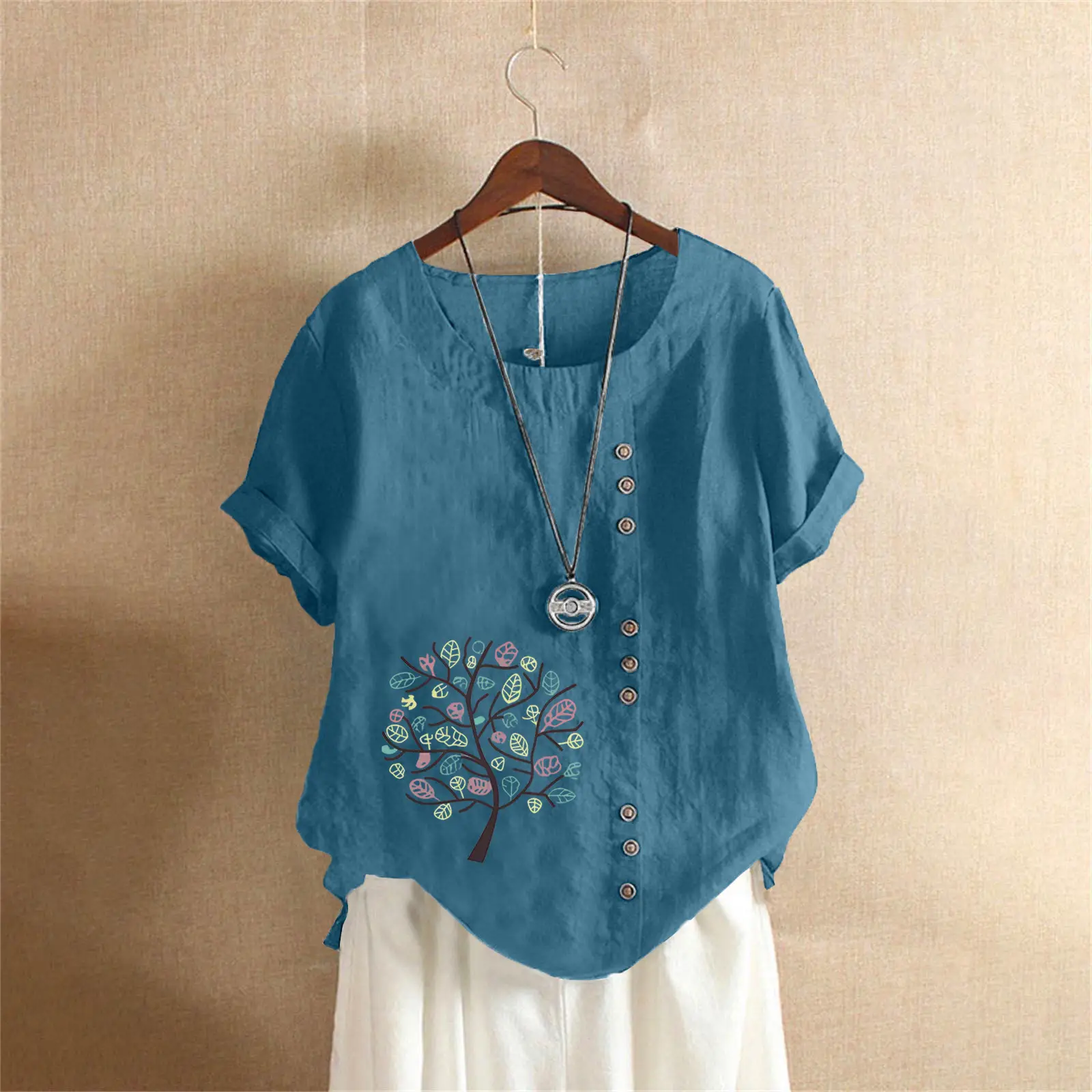 Women Cotton Linen T-Shirt Green Tree Print Button Front - Image 4
