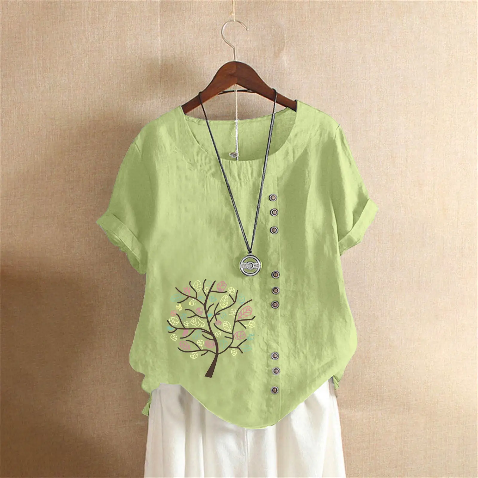 Women Cotton Linen T-Shirt Green Tree Print Button Front - Image 5