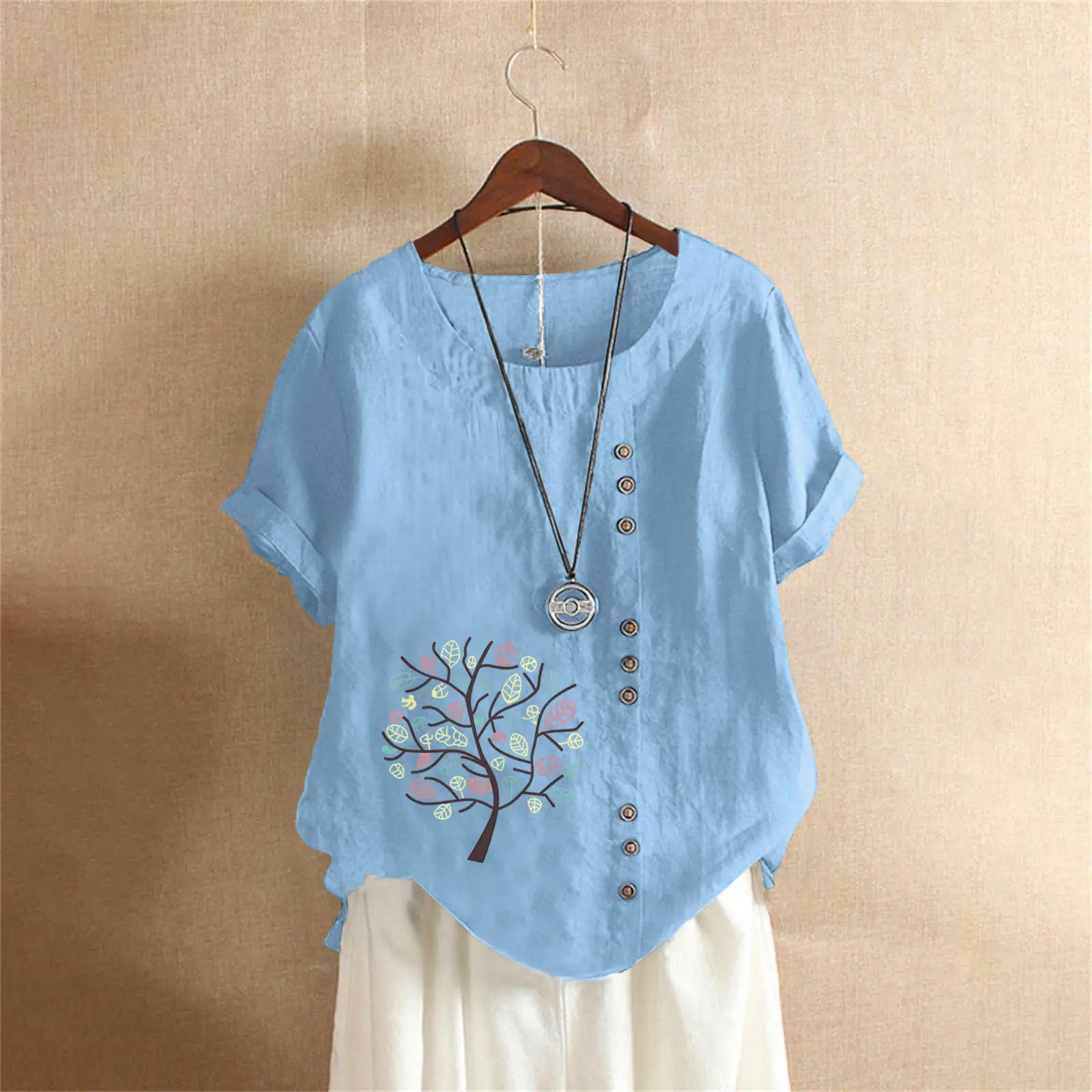Women Cotton Linen T-Shirt Green Tree Print Button Front - Image 6