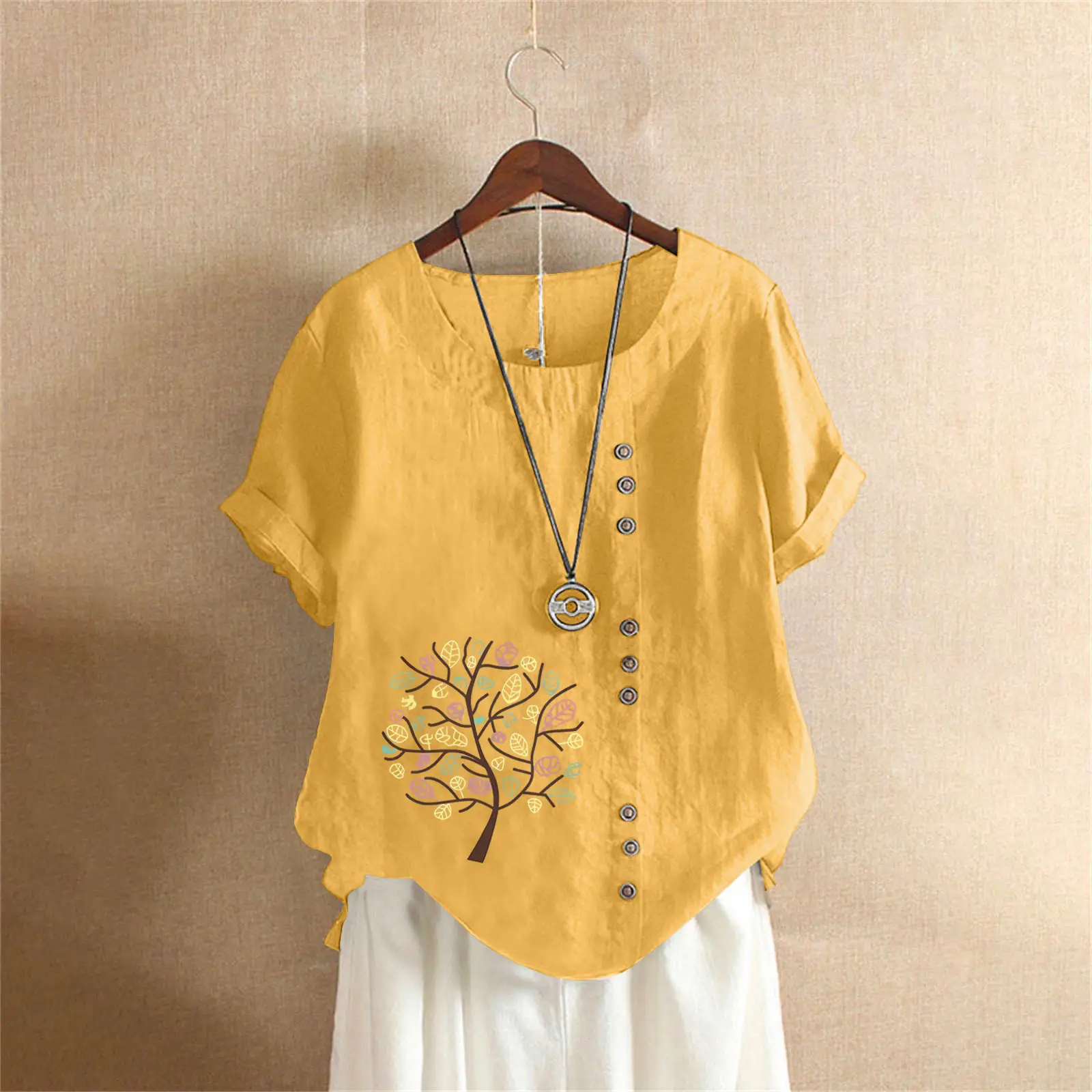 Women Cotton Linen T-Shirt Green Tree Print Button Front - Image 9