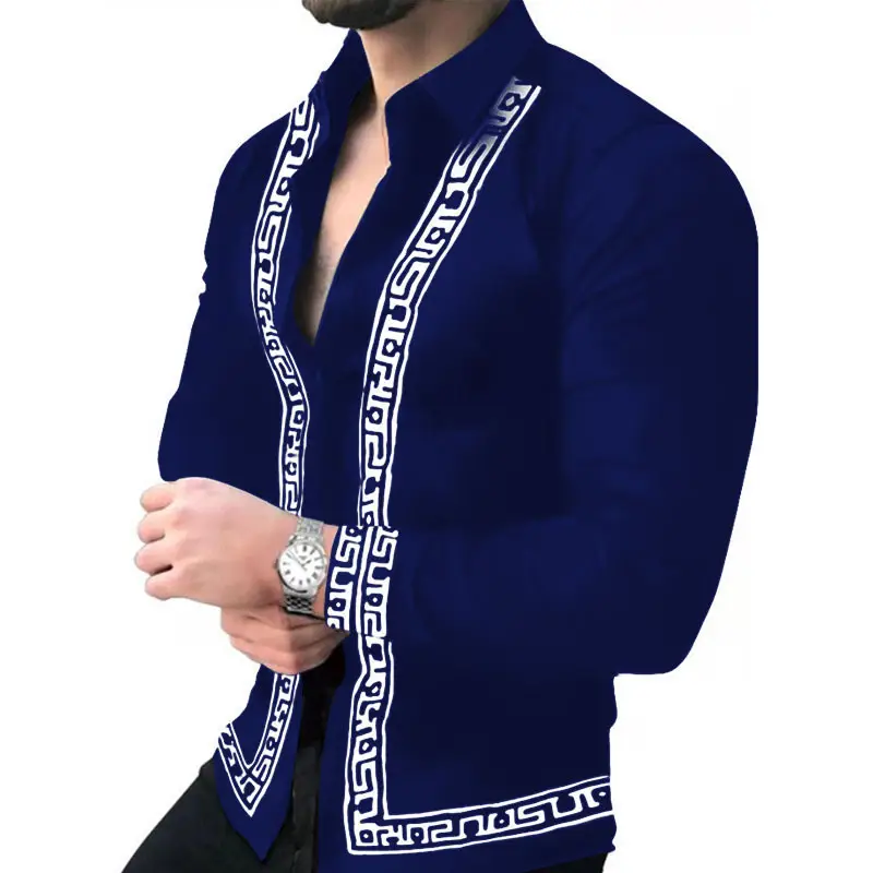 European Station Men's Wear Blue Printed Long Sleeve Shirt - Image 7