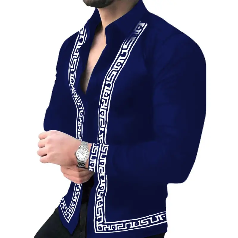 European Station Men's Wear Blue Printed Long Sleeve Shirt - Image 10