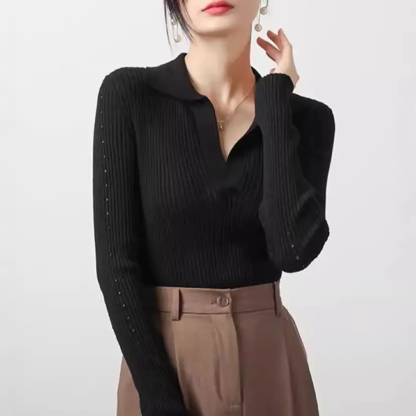 2024 Women's Long Sleeve Black Knit Top with Belt - Image 3