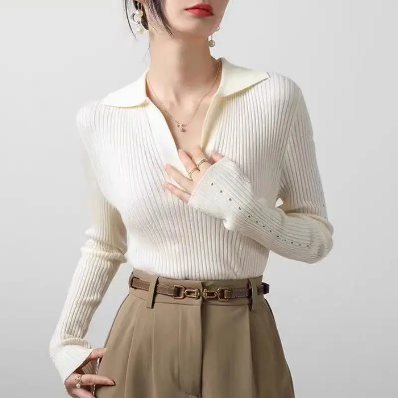 2024 Women's Long Sleeve Black Knit Top with Belt - Image 2